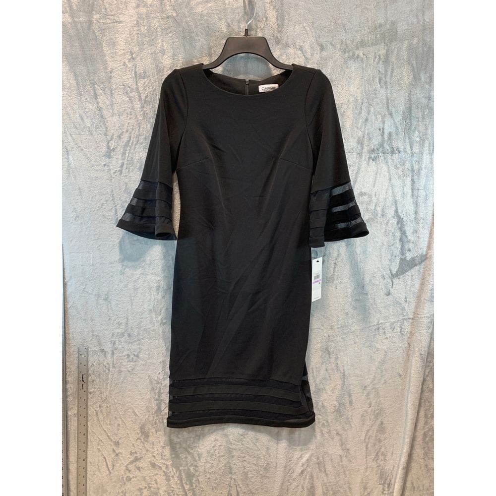 Calvin Klein Black Petite Sheath Dress Mesh Tiered Bell Sleeve 6P CT0C19MQ